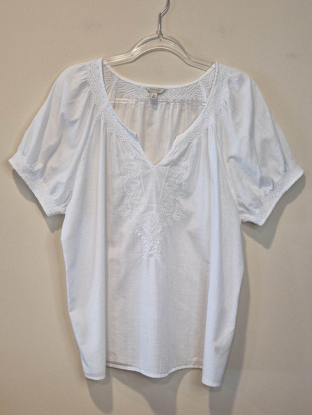 Sonoma Cotton Lightweight White V-Neck Embroidered Peasant Blouse